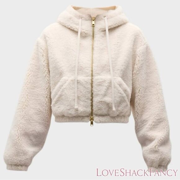 LoveShackFancy **NWOT** Darcelle Sherpa Bomber Cropped Jacket Cream De Macaron - Picture 7 of 12